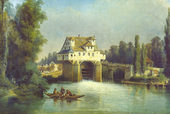 Moulin de Noisiel en 1825 - par Kuweseig - tryptique au muse de la vicomt de Melun
